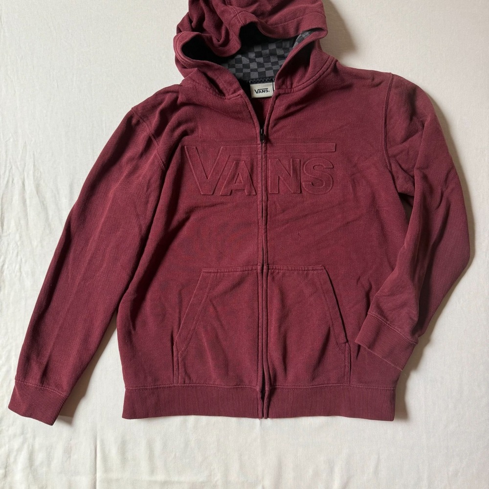 Vans Y2K Style Burgundy Zip Up Hoodie XL Skate Skater Streetwear Checkerboard